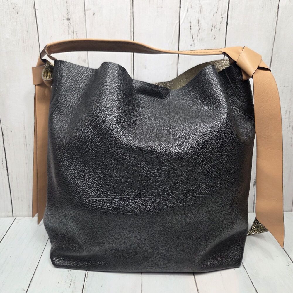 Gianni Chiarini Soft Leather Tote Shoulder Bag Purse Black Gold Tan Authentic